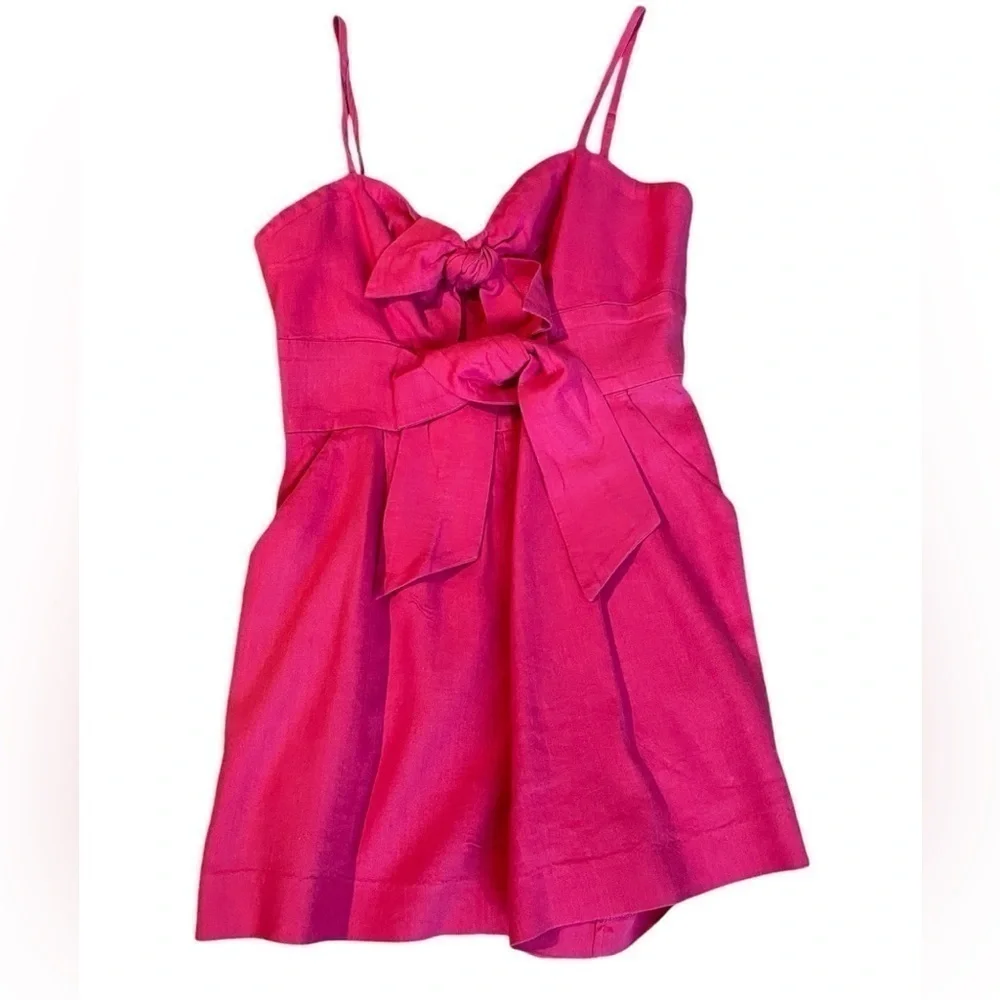 MILLY Romper Womens 4 Pink Anya Linen Blend Bow Front Sleeveless Sweetheart.